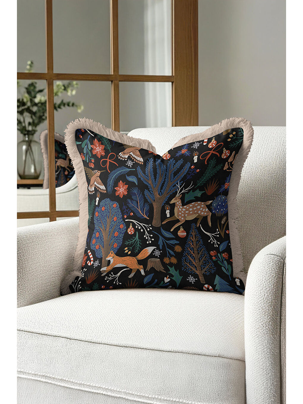 Karışık Orman Temalı Saçaklı Yastık Kılıfı - Kış Bahçesi Rustik Lacivert Kahverengi Püsküllü Kırlent Kılıfı