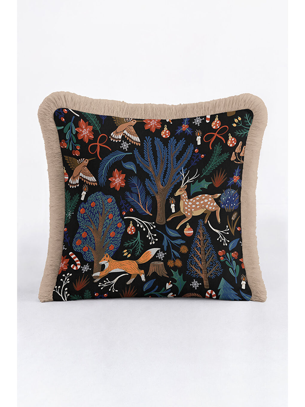 Karışık Orman Temalı Saçaklı Yastık Kılıfı - Kış Bahçesi Rustik Lacivert Kahverengi Püsküllü Kırlent Kılıfı-1