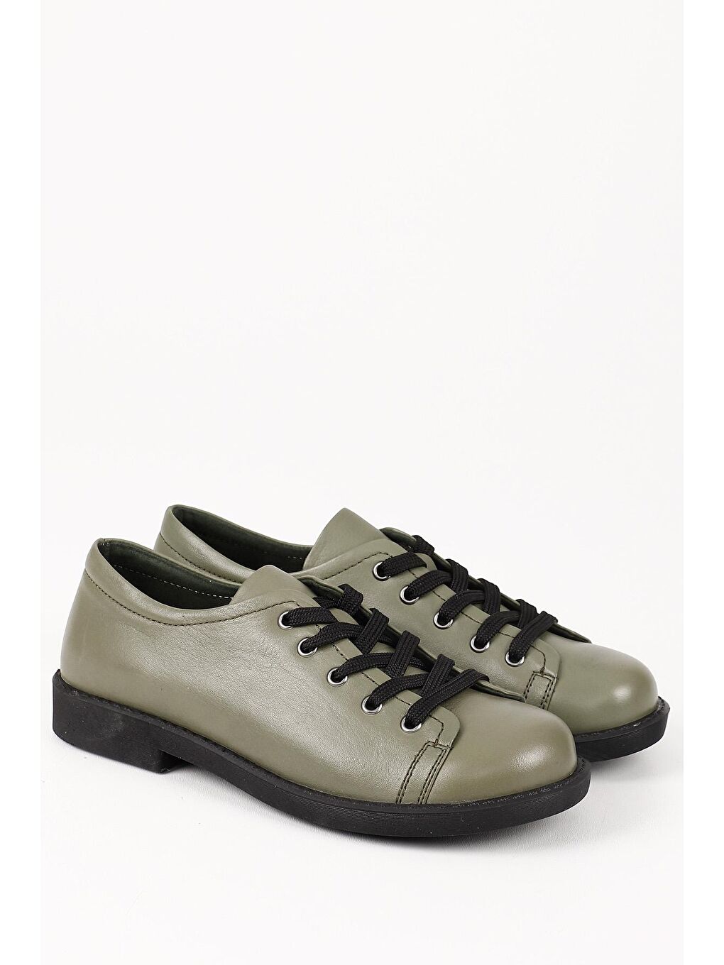 HAKİ  Hakiki Deri Yuvarlak Burun Kauçuk Taban Bağcıklı Kadın Günlük Ayakkabı 24242-1