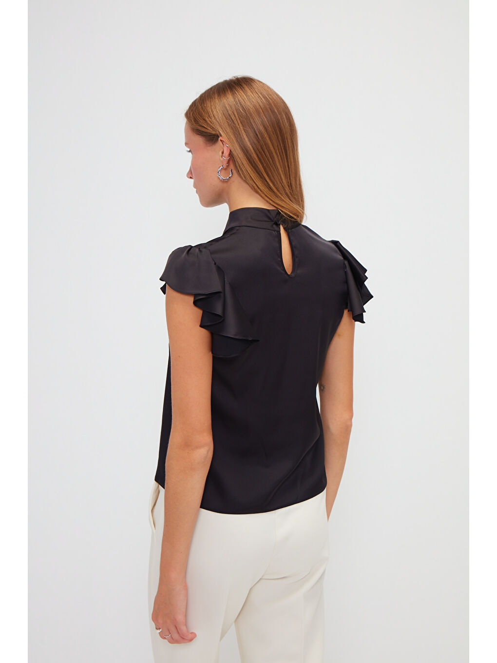 Siyah Kısa Kollu İpek Saten Düz Renk  Bluz-3