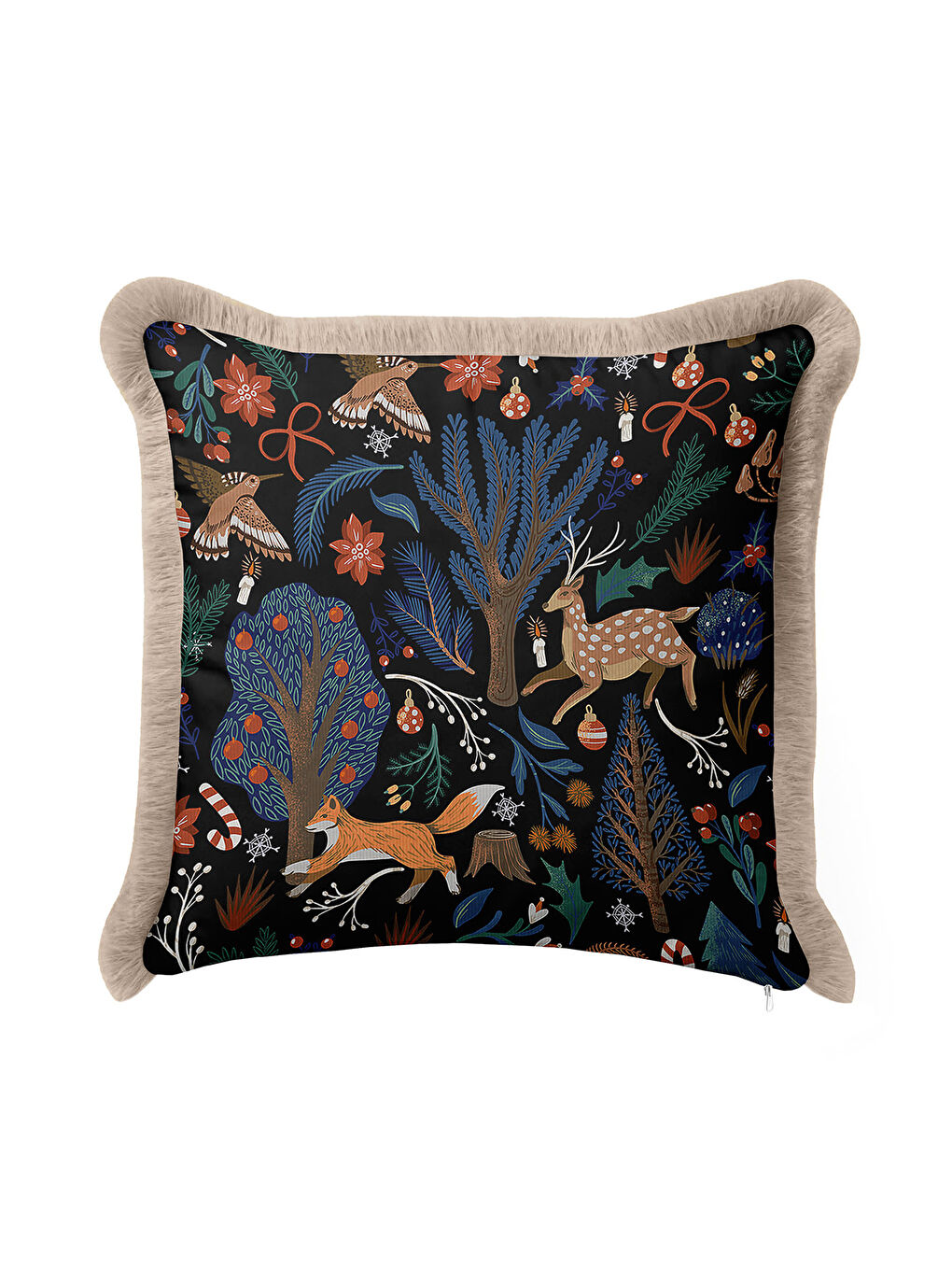 Karışık Orman Temalı Saçaklı Yastık Kılıfı - Kış Bahçesi Rustik Lacivert Kahverengi Püsküllü Kırlent Kılıfı-4