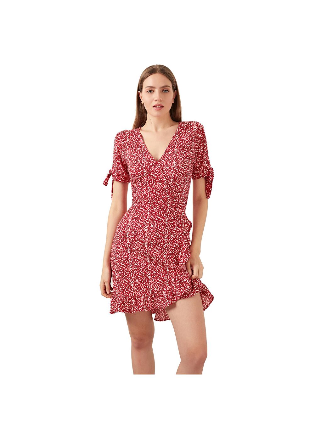 Kırmızı Dar Kesim Kruvaze Yaka Fırfır Detaylı Mini Elbise 5863719-5