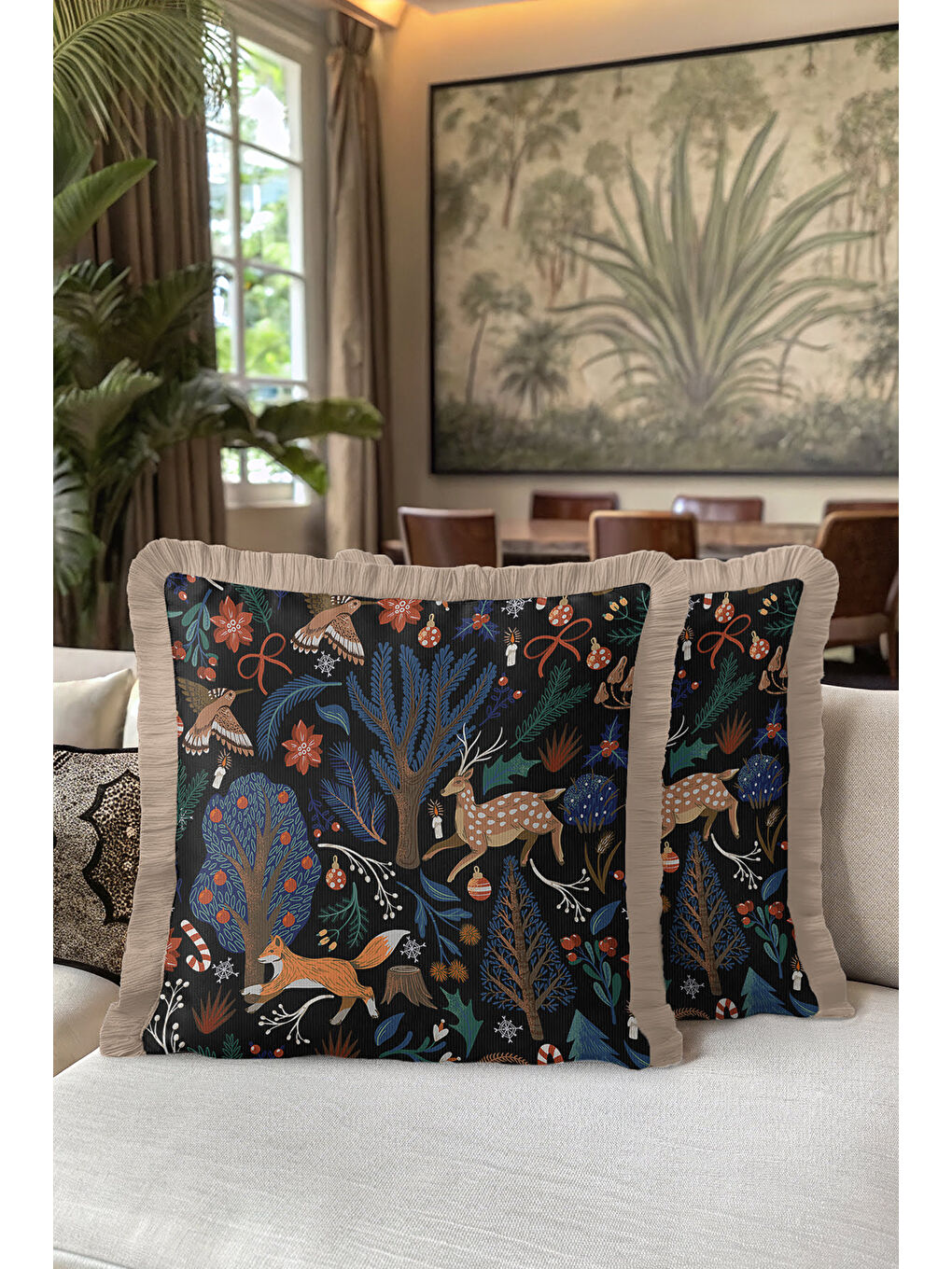 Karışık Orman Temalı Saçaklı Yastık Kılıfı - Kış Bahçesi Rustik Lacivert Kahverengi Püsküllü Kırlent Kılıfı-5