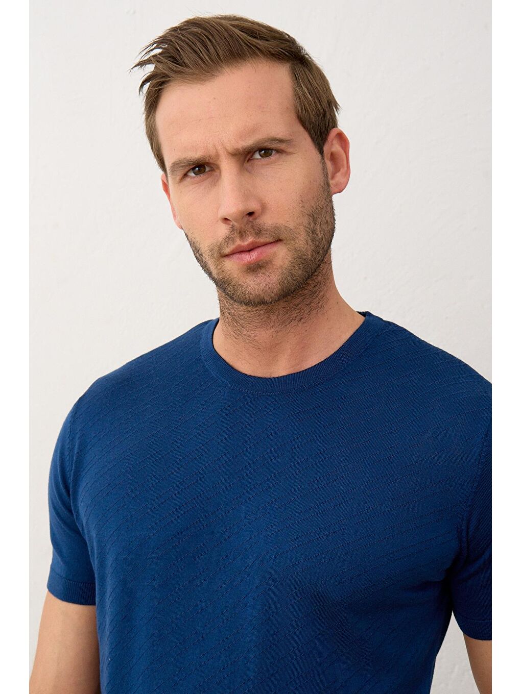 Erkek Çizgili Bisiklet Yaka Slim-Fit İnce Triko Tişört İndigo-2