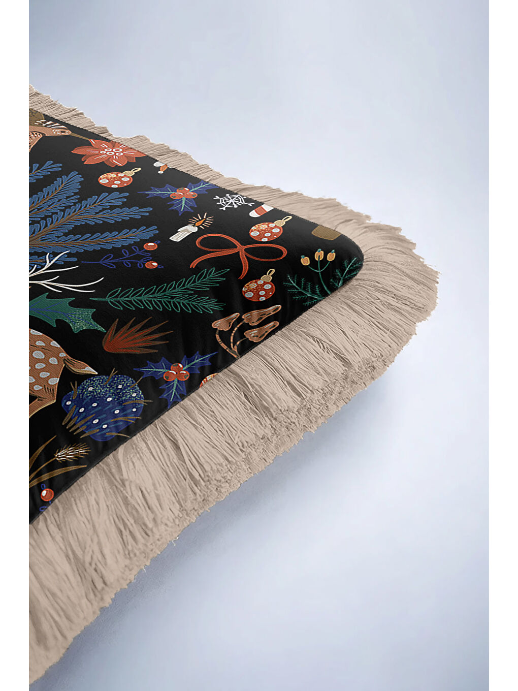 Karışık Orman Temalı Saçaklı Yastık Kılıfı - Kış Bahçesi Rustik Lacivert Kahverengi Püsküllü Kırlent Kılıfı-6