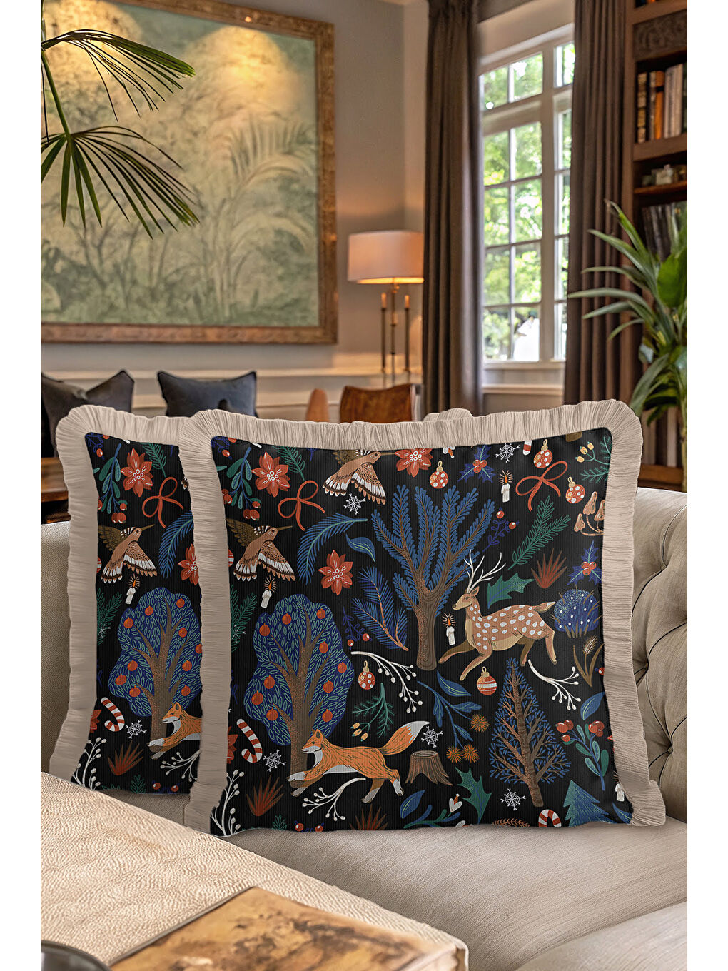 Karışık Orman Temalı Saçaklı Yastık Kılıfı - Kış Bahçesi Rustik Lacivert Kahverengi Püsküllü Kırlent Kılıfı-7