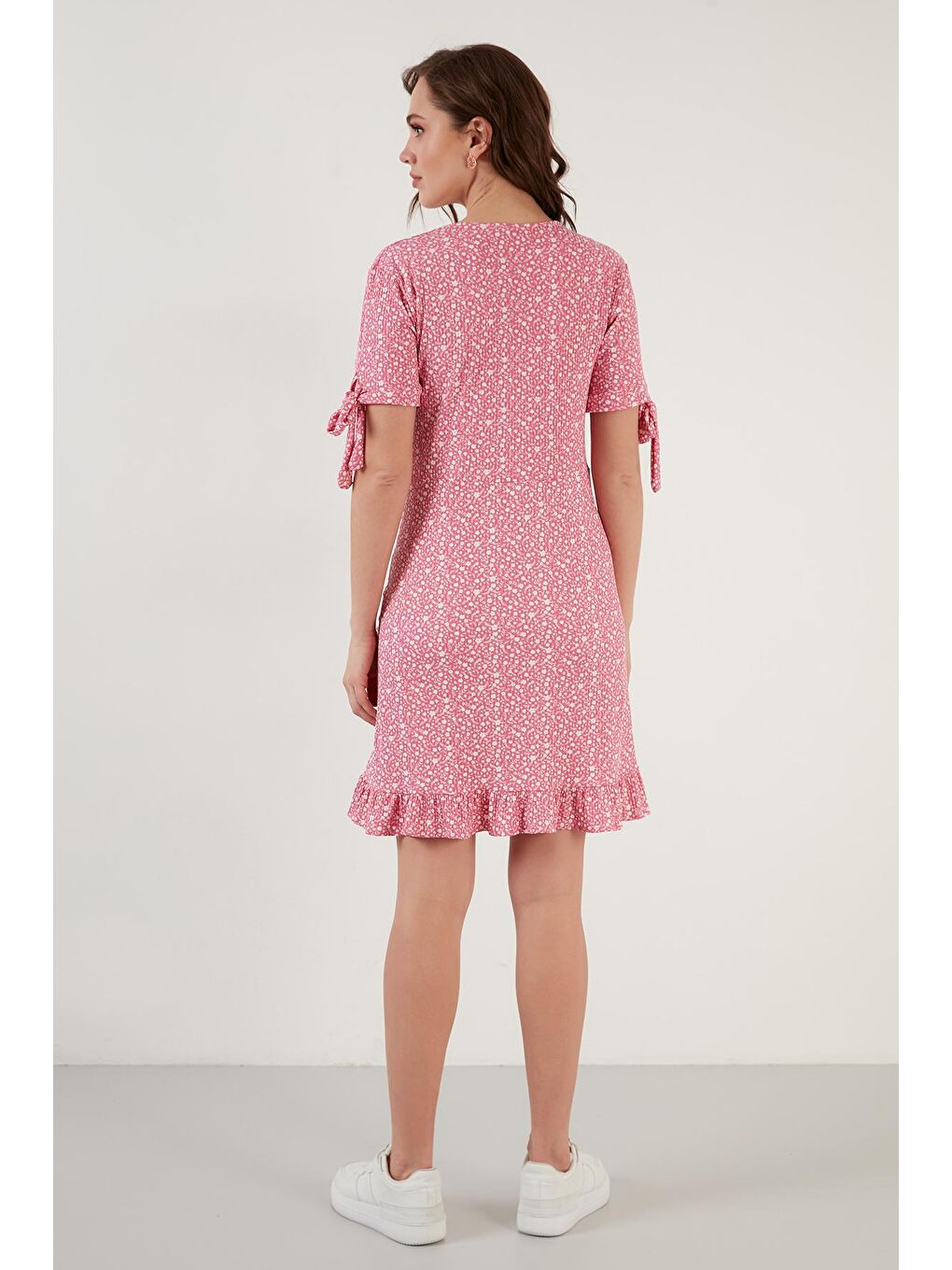 Fuşya Dar Kesim Kruvaze Yaka Fırfır Detaylı Mini Elbise 5863719-5