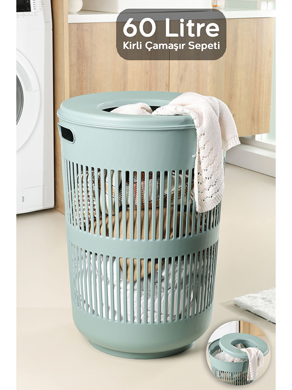 Yeşil Kapaklı Kirli Çamaşır Sepeti 60 l