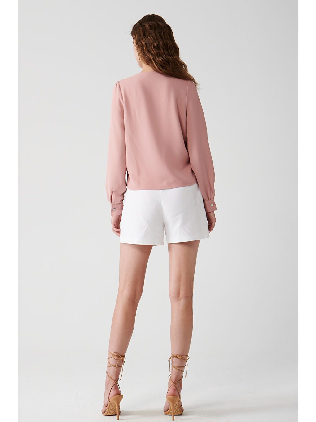 Pembe Kruvaze Kesim Düz Renk Krep Bluz-3
