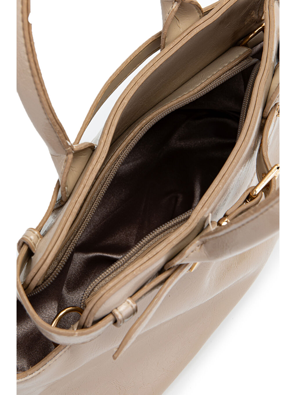 Bej Kemer Detaylı Suni Deri Kadın Çapraz Çanta Despina Vizon-5