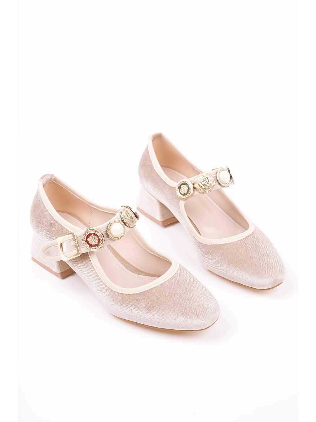 Bej PREETİ Broş Detaylı Tek Bantlı Günlük Kadın Topuklu Ayakkabı-1