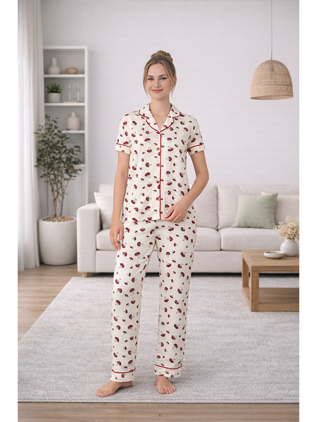 PREMIUM Kadın Ekru Viskon Gömlek Yaka Biyeli Boydan Düğmeli Kısa Kollu Yüksek Kalite Pijama Takımı-4