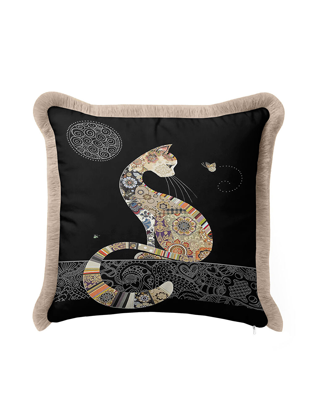 Karışık Etnik Patchwork Saçaklı Yastık Kılıfı - Bohem Kedi Motifli Siyah Bej Püsküllü Kırlent Kılıfı