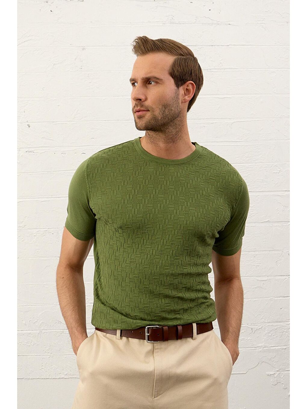 Modelli Bisiklet Yaka Slim-Fit Yazlık Triko Tişört Yeşil