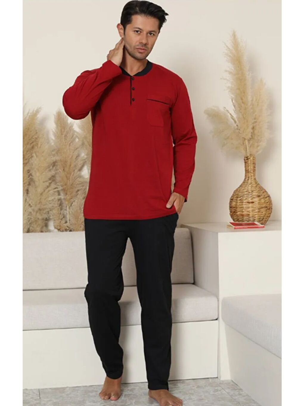 Erkek Bordo %100 Organik Doğal Pamuk Yüksek Kalite Düğmeli Uzun Kollu Pijama Takımı