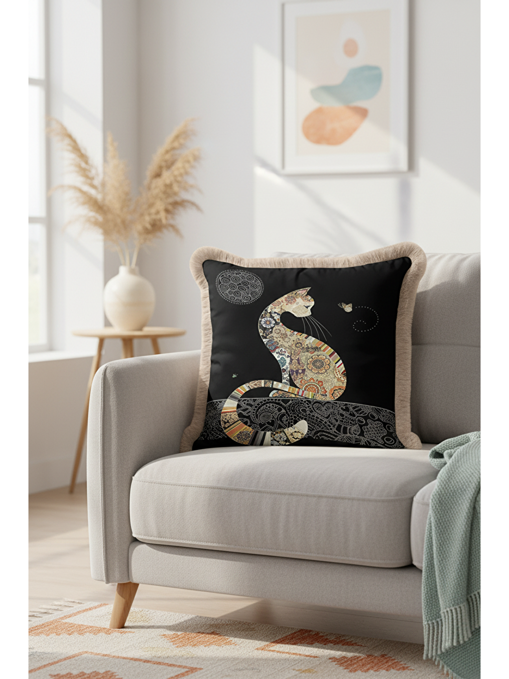 Karışık Etnik Patchwork Saçaklı Yastık Kılıfı - Bohem Kedi Motifli Siyah Bej Püsküllü Kırlent Kılıfı-2