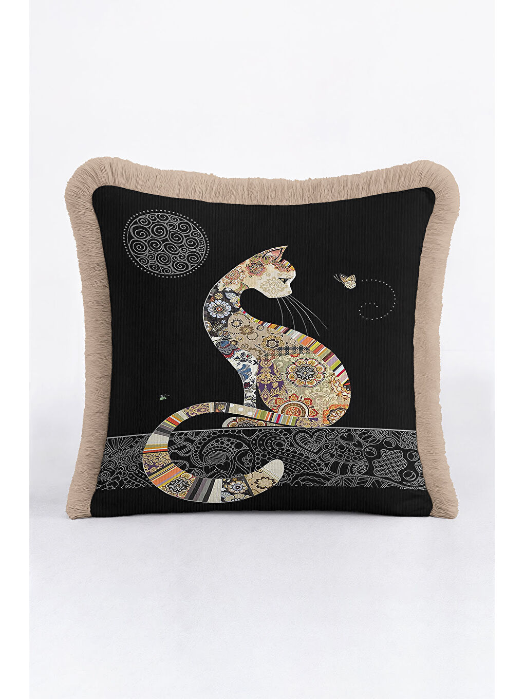 Karışık Etnik Patchwork Saçaklı Yastık Kılıfı - Bohem Kedi Motifli Siyah Bej Püsküllü Kırlent Kılıfı-3