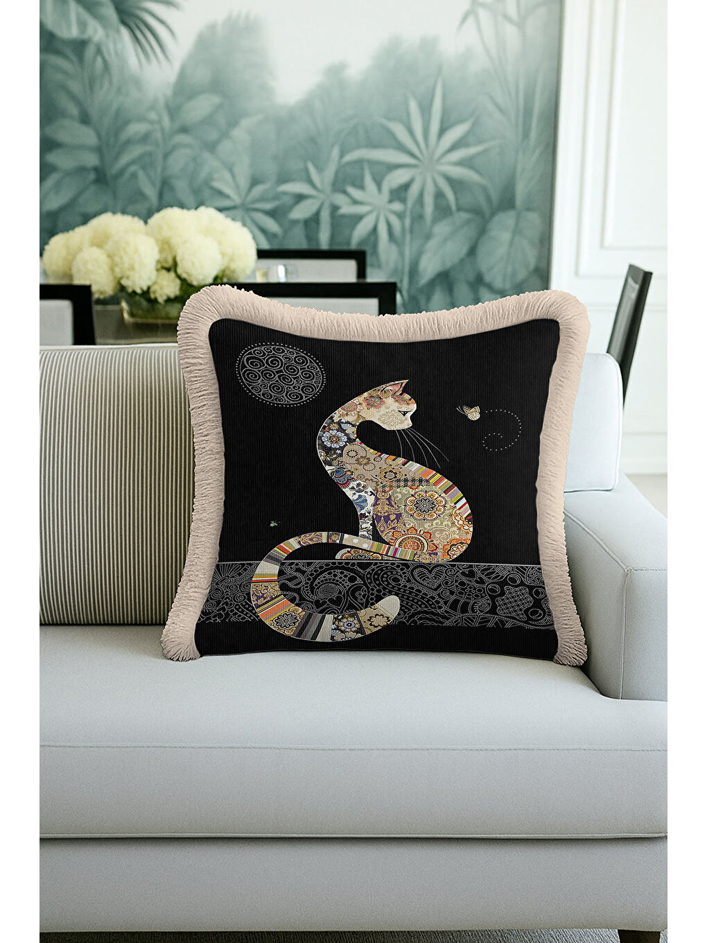 Karışık Etnik Patchwork Saçaklı Yastık Kılıfı - Bohem Kedi Motifli Siyah Bej Püsküllü Kırlent Kılıfı-4