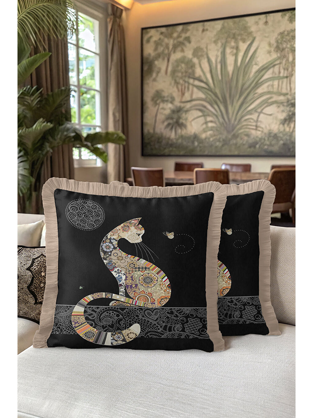 Karışık Etnik Patchwork Saçaklı Yastık Kılıfı - Bohem Kedi Motifli Siyah Bej Püsküllü Kırlent Kılıfı-5