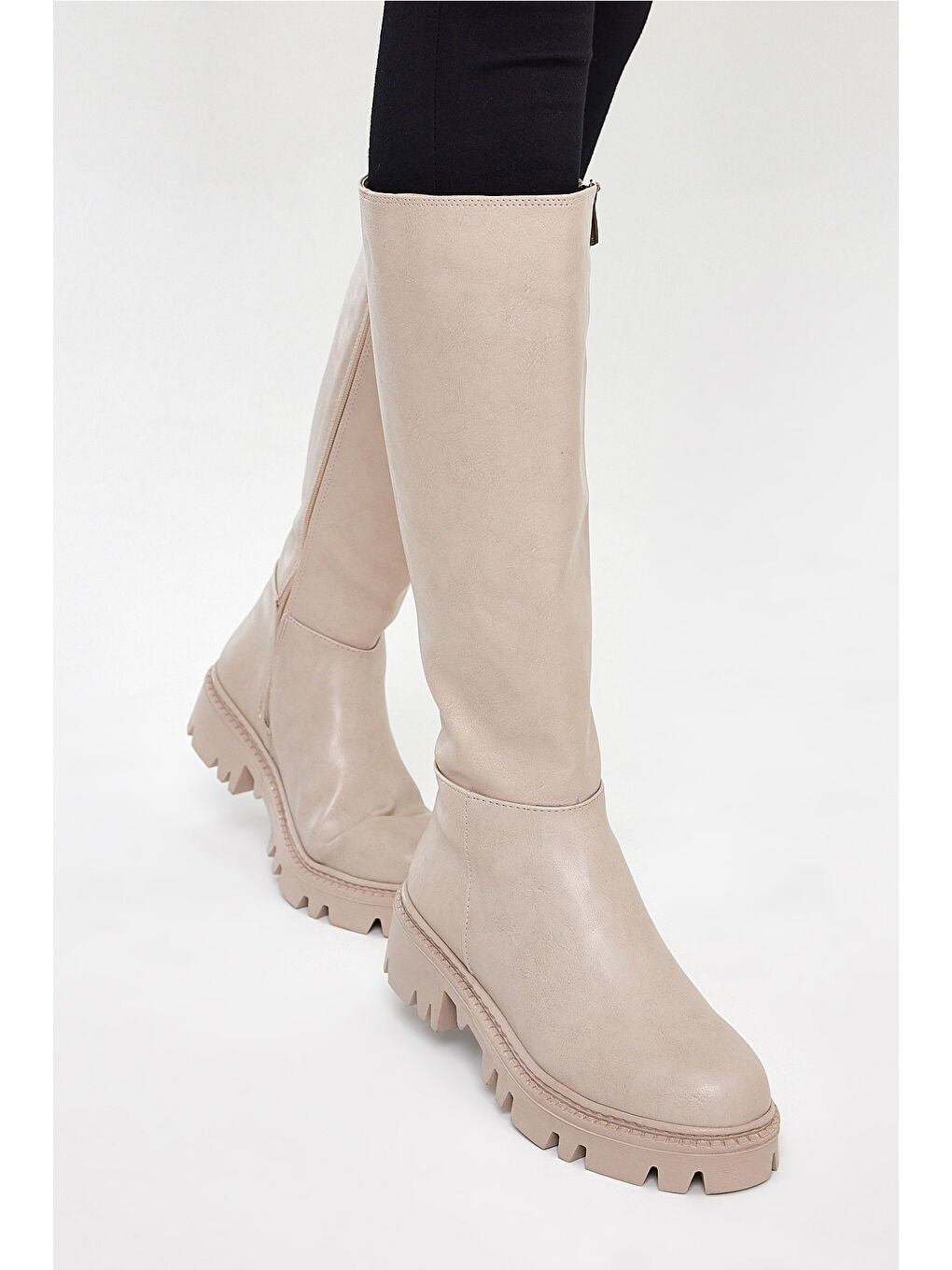 Bej Kadın Nude Cilt Rahat Kalıp Yüksek Taban Fermuarlı Çizme-2
