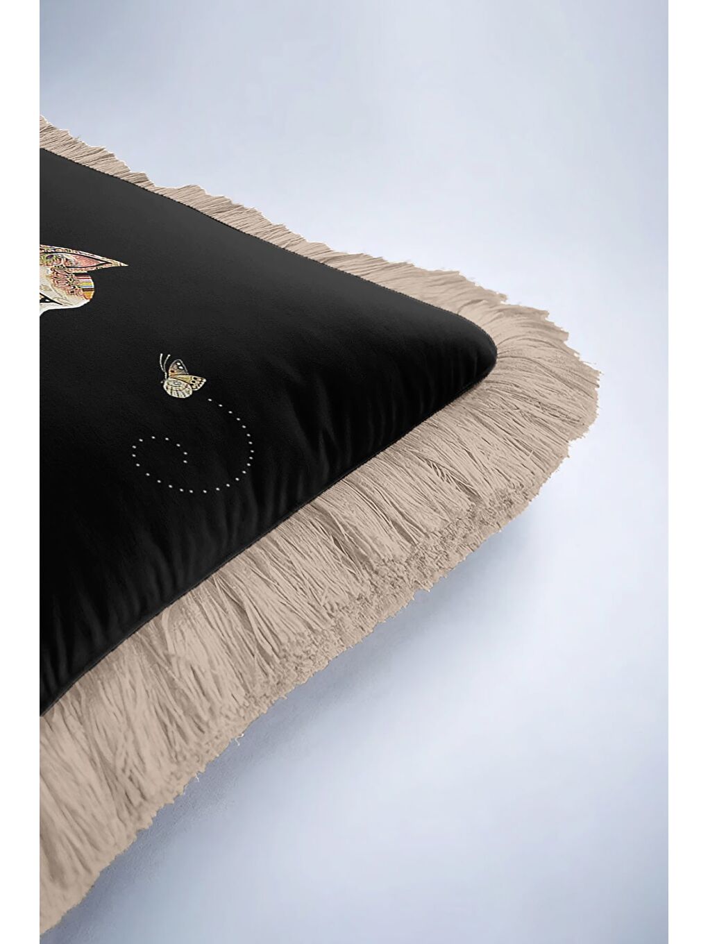 Karışık Etnik Patchwork Saçaklı Yastık Kılıfı - Bohem Kedi Motifli Siyah Bej Püsküllü Kırlent Kılıfı-6