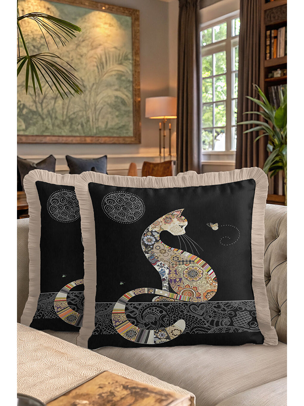 Karışık Etnik Patchwork Saçaklı Yastık Kılıfı - Bohem Kedi Motifli Siyah Bej Püsküllü Kırlent Kılıfı-7