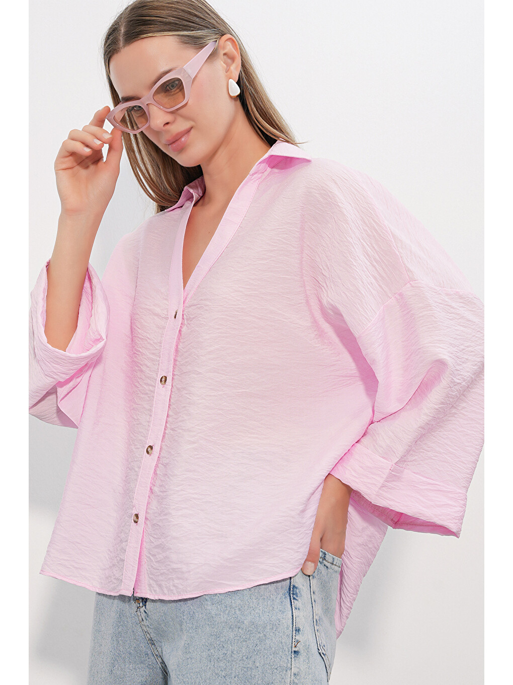 Kadın Geniş Kol Oversize Gömlek 20401 - Pembe-2