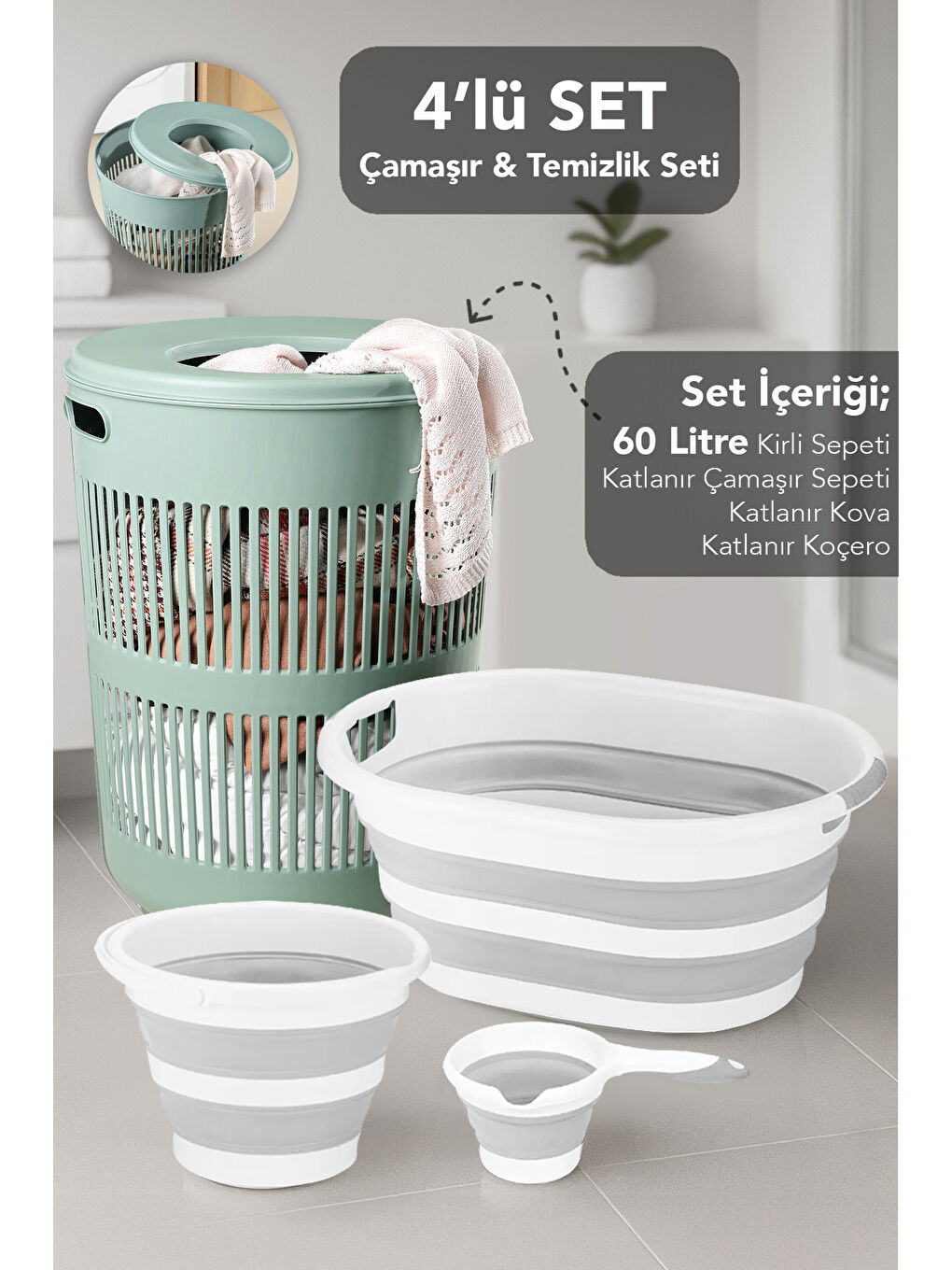 Yeşil 4'lü Kirli Çamaşır Sepeti 60 l