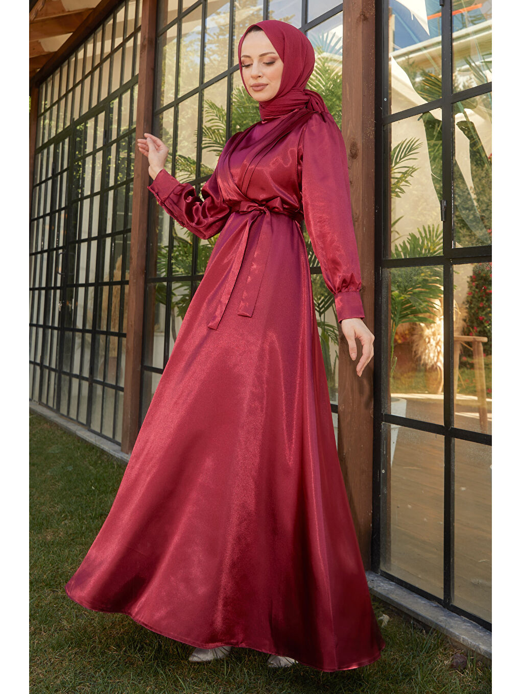 Hakim Yaka Kadın Bordo Elbise - 11482