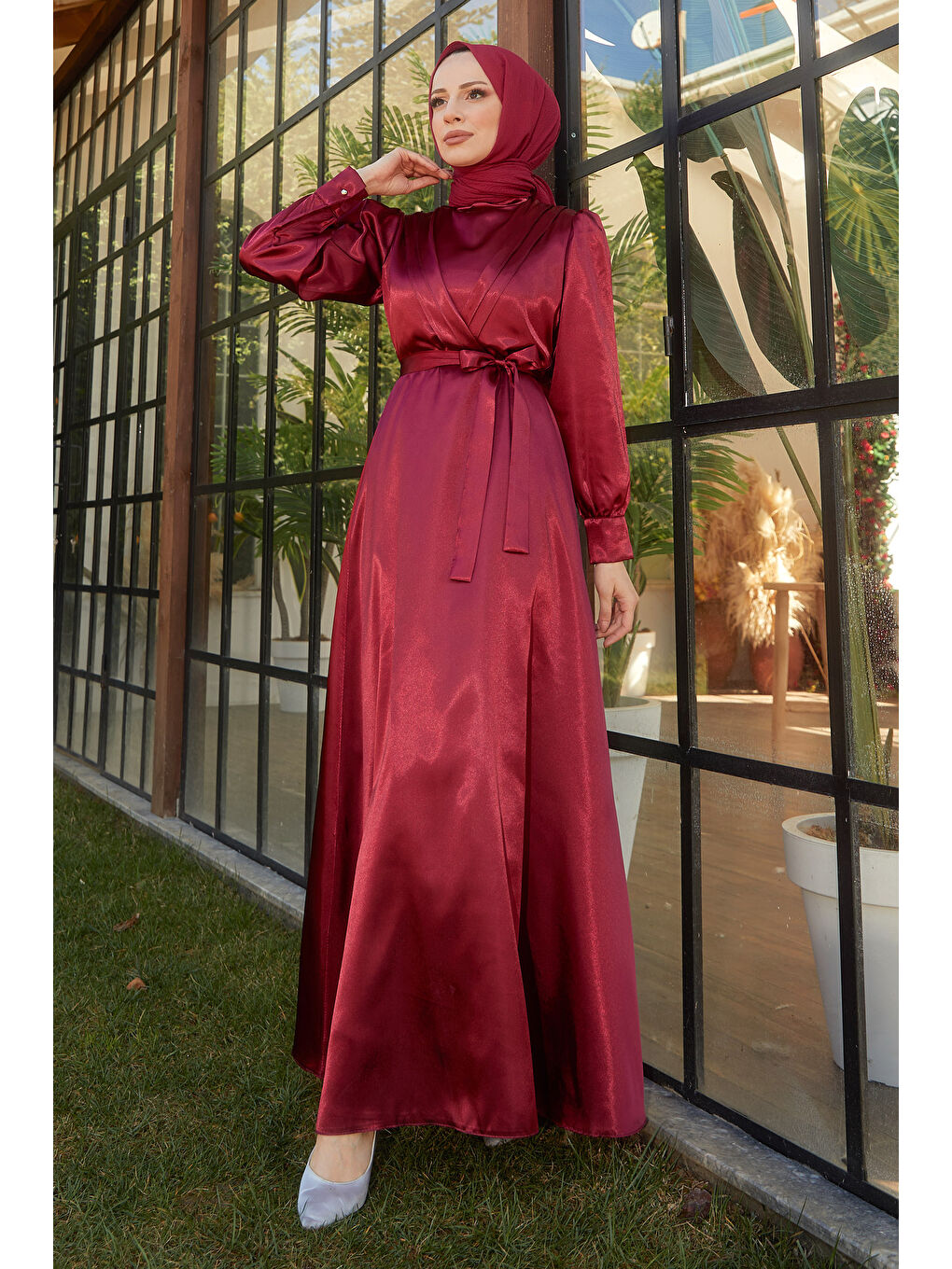 Hakim Yaka Kadın Bordo Elbise - 11482-2