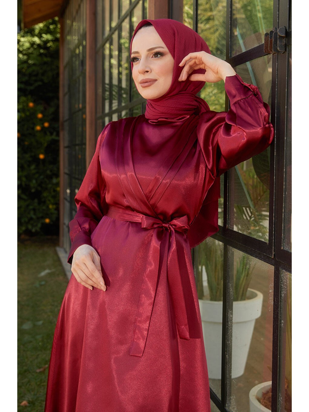 Hakim Yaka Kadın Bordo Elbise - 11482-3