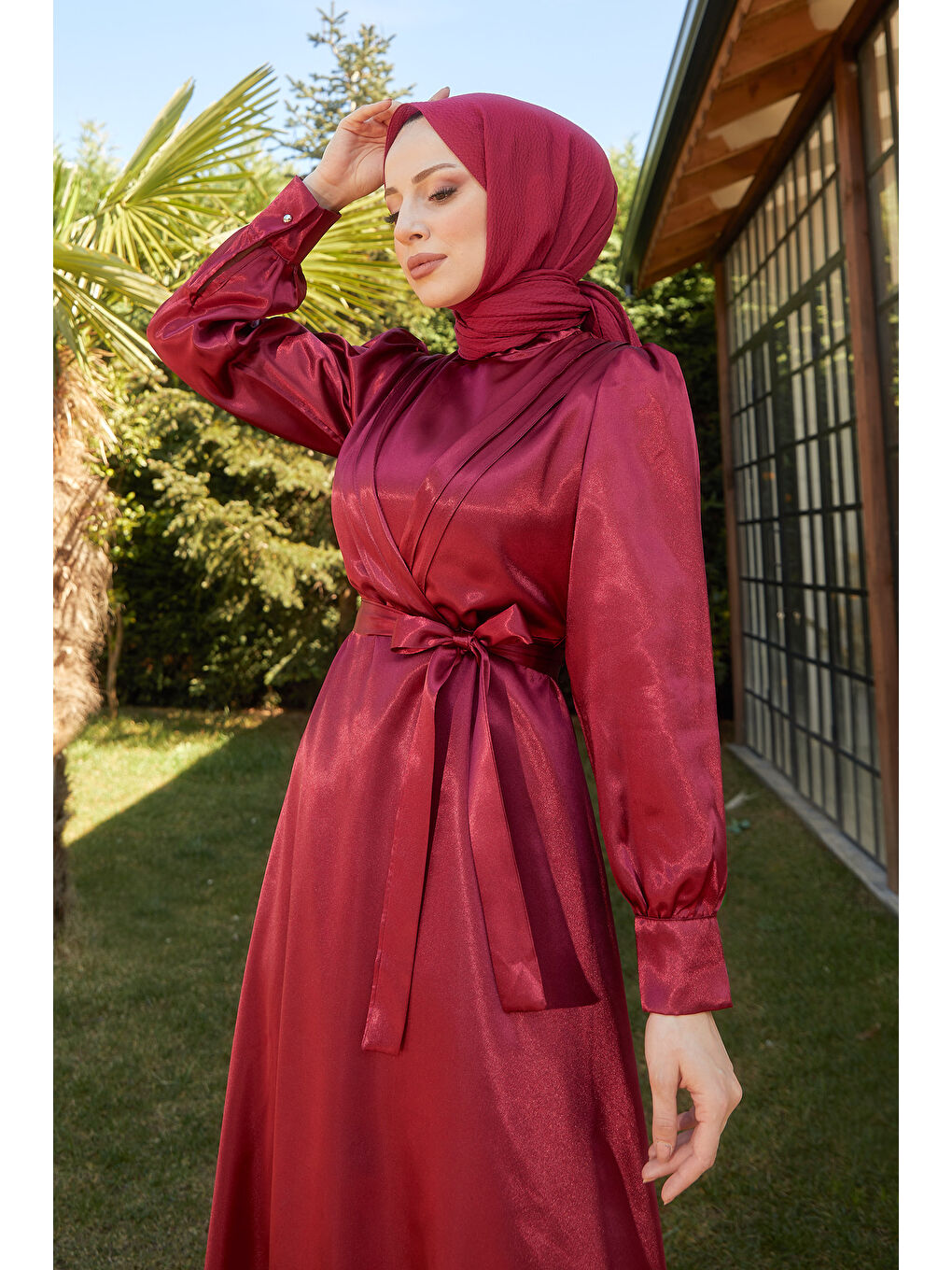 Hakim Yaka Kadın Bordo Elbise - 11482-4