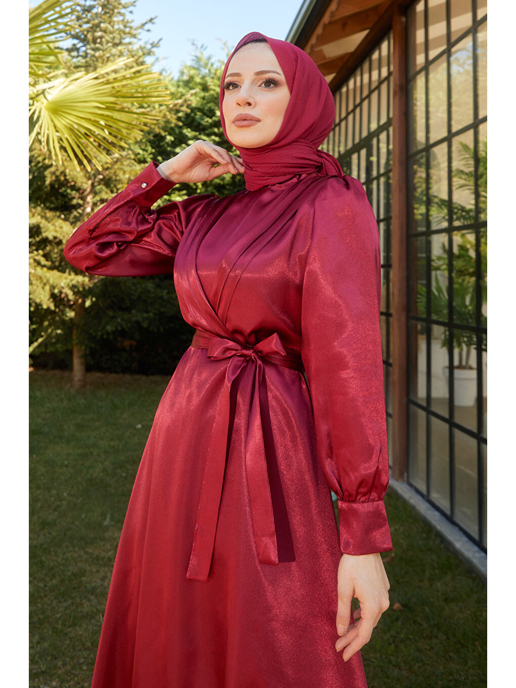 Hakim Yaka Kadın Bordo Elbise - 11482-5