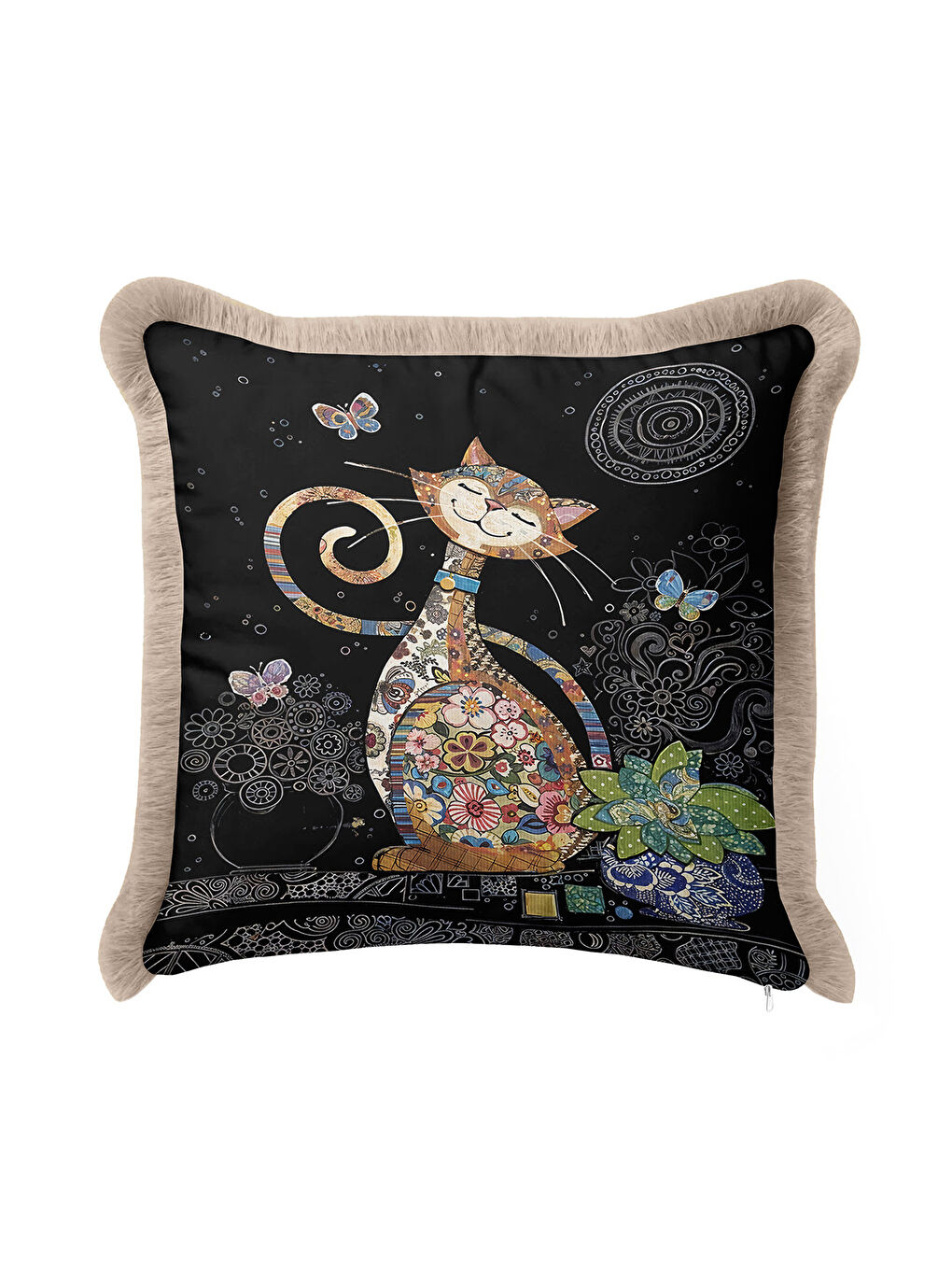 Karışık Çiçekli Patchwork Kedi Saçaklı Yastık Kılıfı - Neşeli Bohem Siyah Renk Püsküllü Kırlent Kılıfı-1