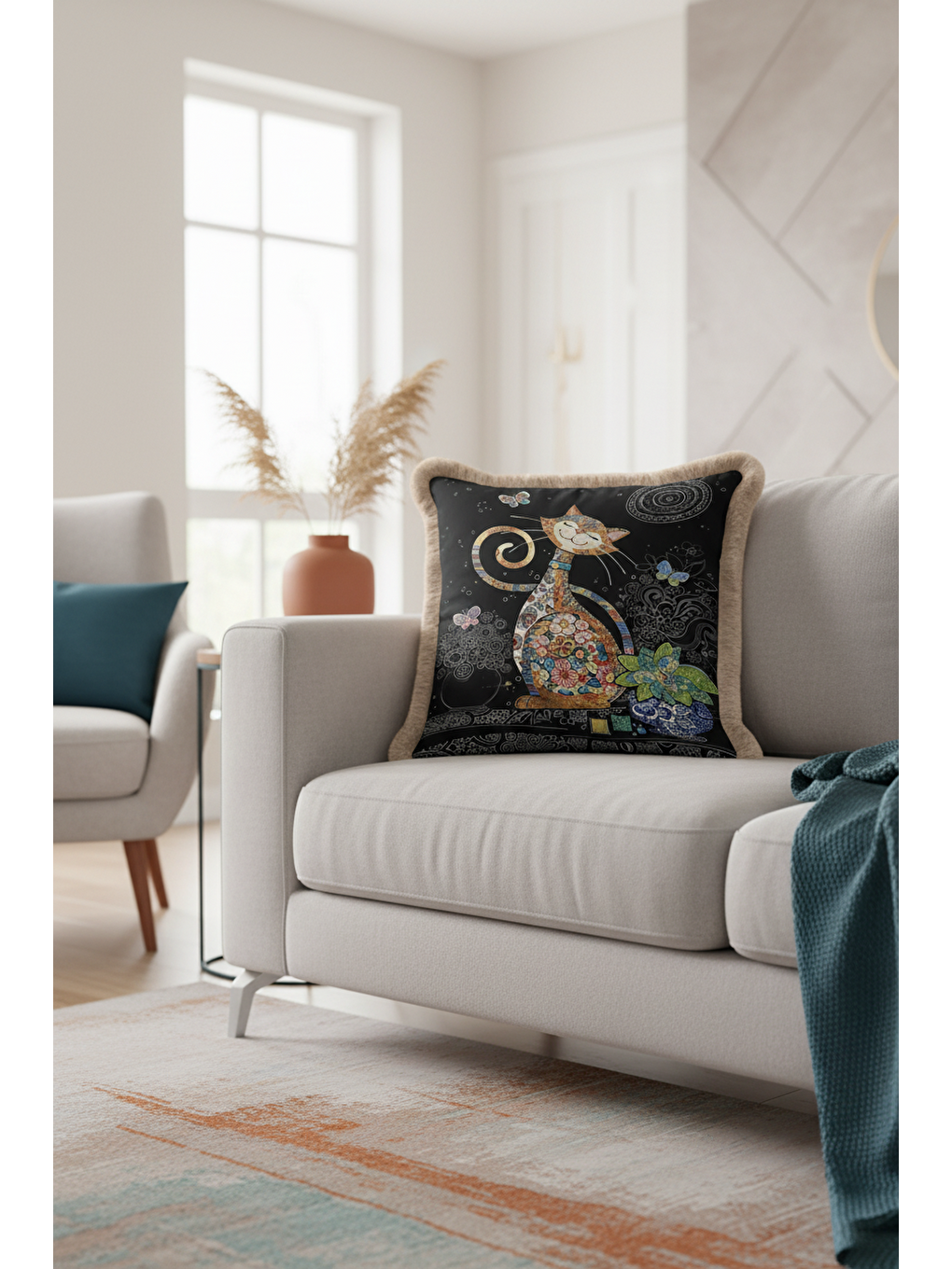 Karışık Çiçekli Patchwork Kedi Saçaklı Yastık Kılıfı - Neşeli Bohem Siyah Renk Püsküllü Kırlent Kılıfı-2