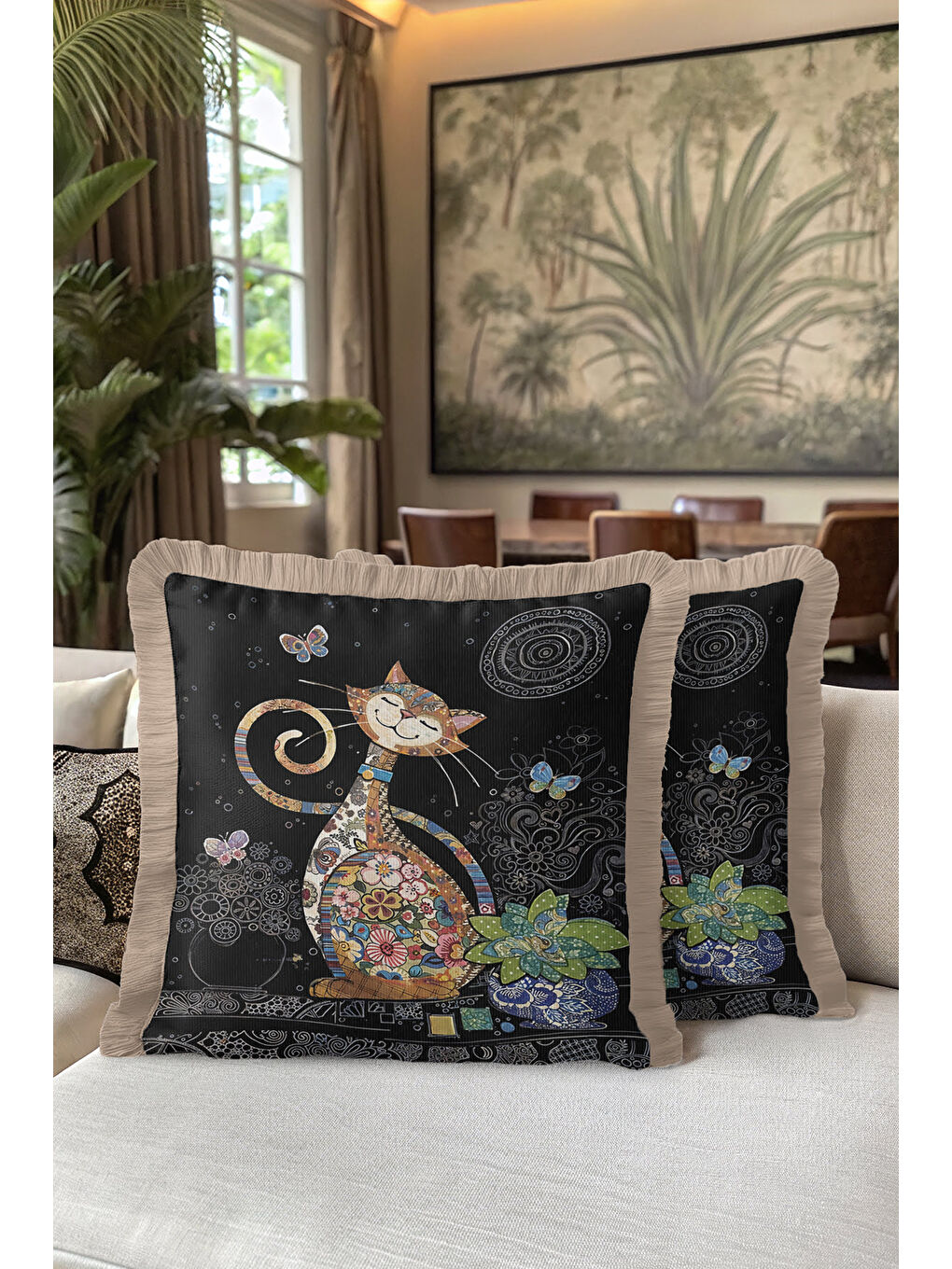 Karışık Çiçekli Patchwork Kedi Saçaklı Yastık Kılıfı - Neşeli Bohem Siyah Renk Püsküllü Kırlent Kılıfı-5