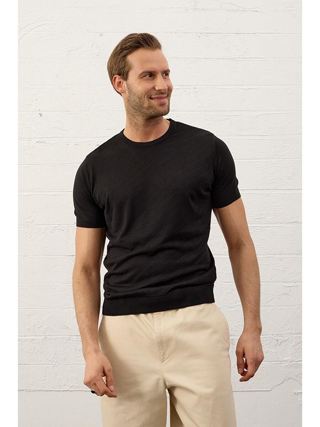 LC WAIKIKI Erkek Bisiklet Yaka Slim-Fit  İnce Triko Tişört  Siyah - 4