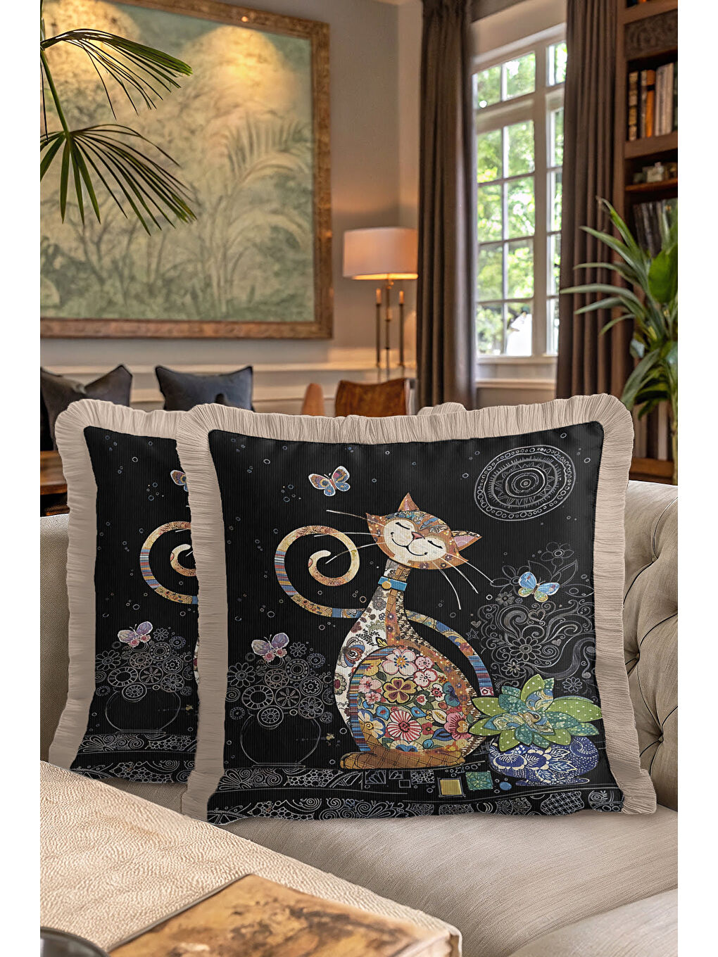 Karışık Çiçekli Patchwork Kedi Saçaklı Yastık Kılıfı - Neşeli Bohem Siyah Renk Püsküllü Kırlent Kılıfı-7
