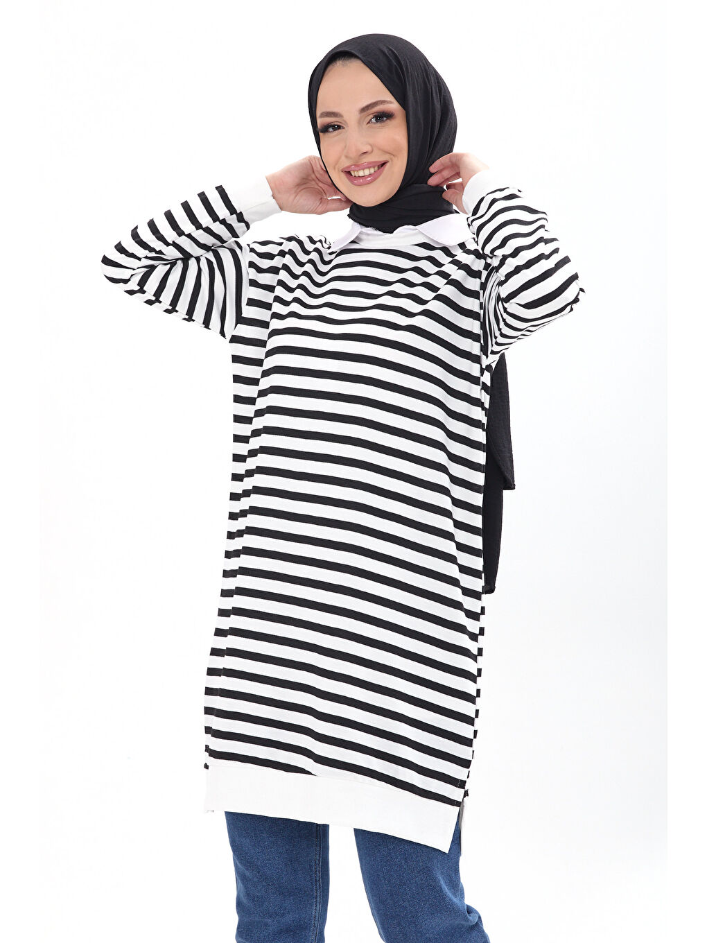 Bisiklet Yaka Kadın Siyah Çizgili Tunik - 23925-1