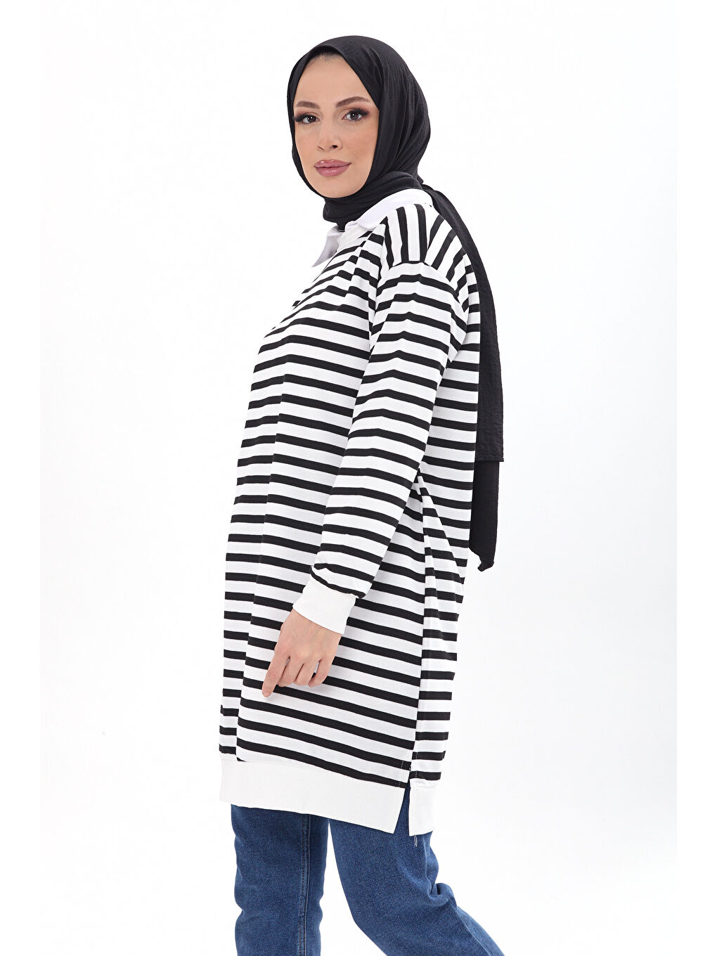 Bisiklet Yaka Kadın Siyah Çizgili Tunik - 23925-2