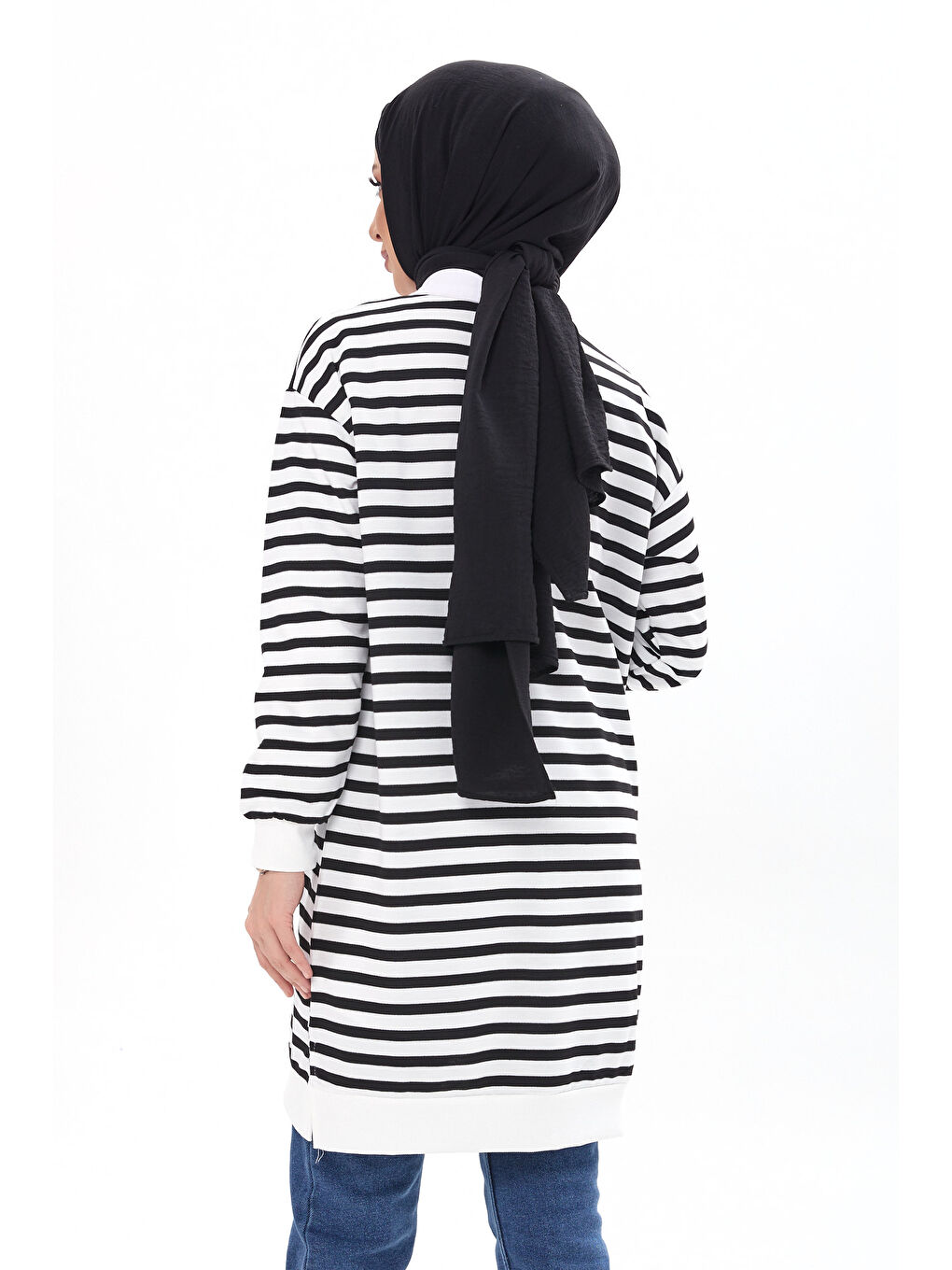 Bisiklet Yaka Kadın Siyah Çizgili Tunik - 23925-3