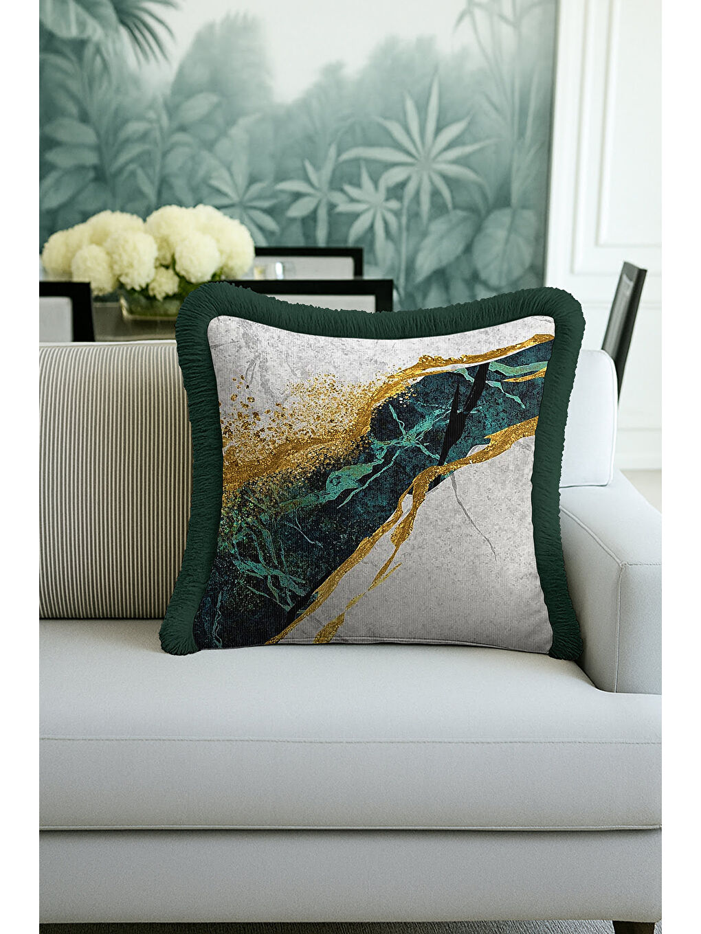 Karışık Lüks Mermer Dokulu Saçaklı Yastık Kılıfı - Zümrüt Modern Altın Renkli Püsküllü Kırlent Kılıfı