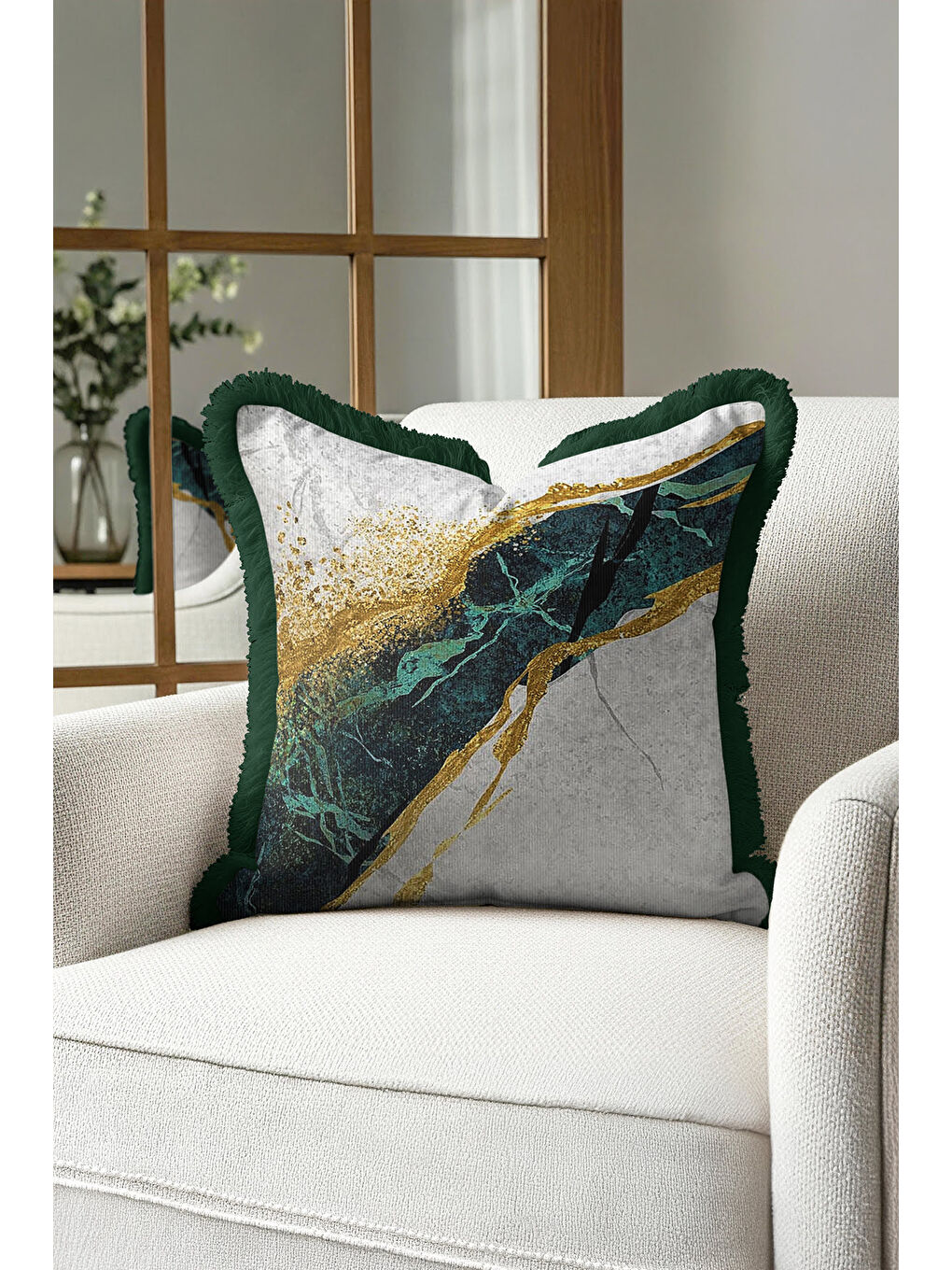 Karışık Lüks Mermer Dokulu Saçaklı Yastık Kılıfı - Zümrüt Modern Altın Renkli Püsküllü Kırlent Kılıfı-1