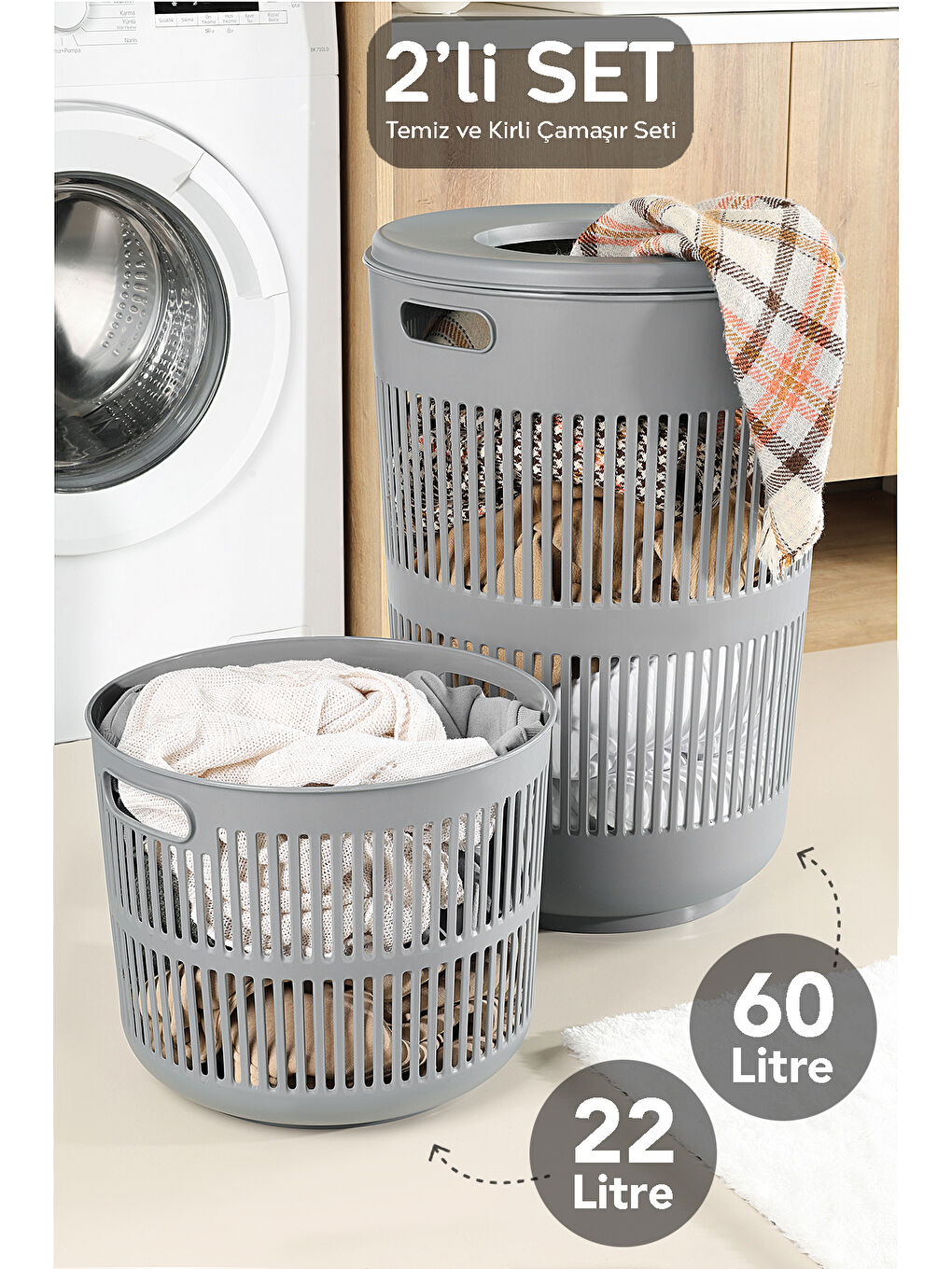 Gri 2'li Kirli Solara Çamaşır Sepeti Seti