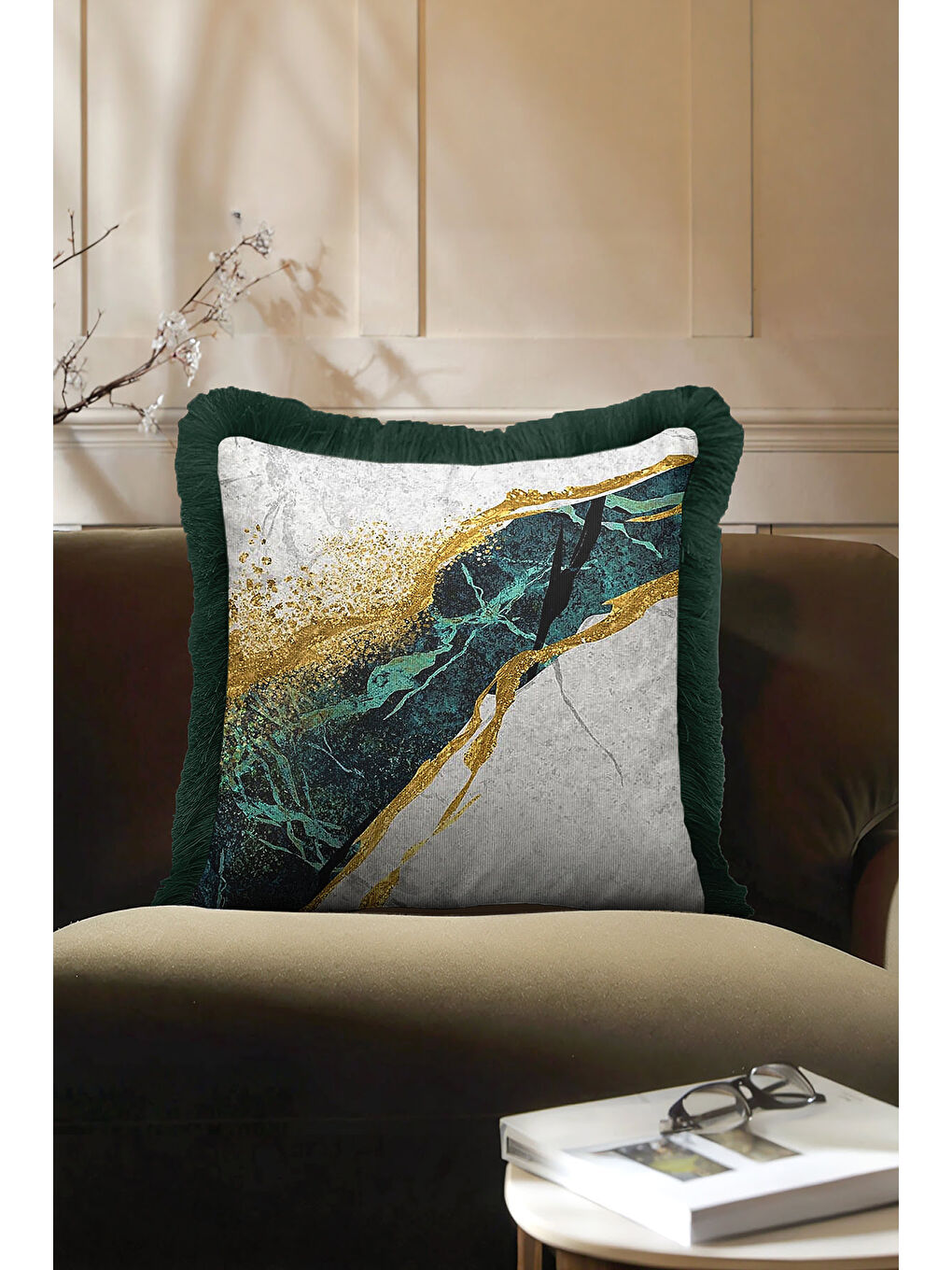 Karışık Lüks Mermer Dokulu Saçaklı Yastık Kılıfı - Zümrüt Modern Altın Renkli Püsküllü Kırlent Kılıfı-2