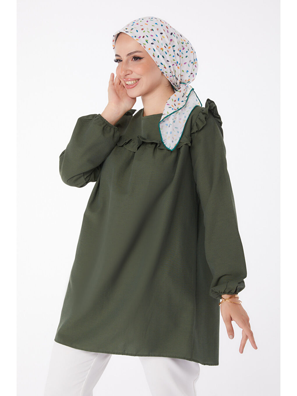 Fırfır Detaylı Tunik Haki - 13142-1