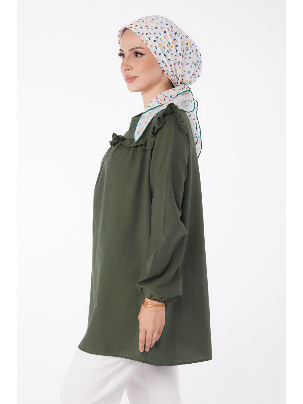 Fırfır Detaylı Tunik Haki - 13142-2