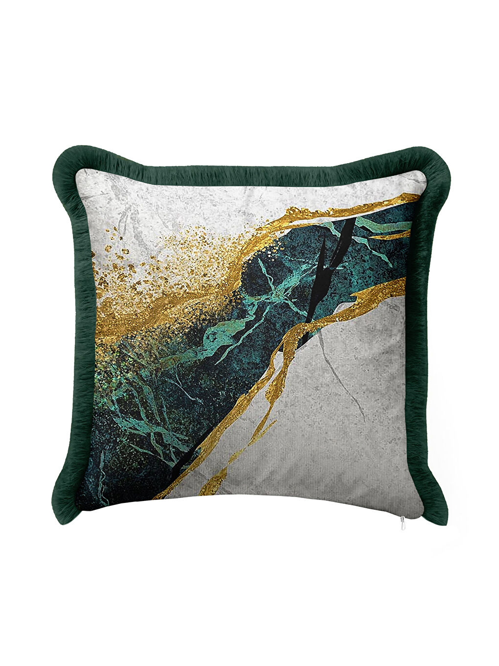 Karışık Lüks Mermer Dokulu Saçaklı Yastık Kılıfı - Zümrüt Modern Altın Renkli Püsküllü Kırlent Kılıfı-3