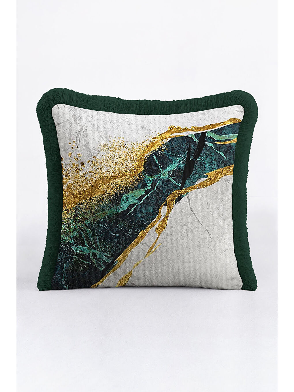 Karışık Lüks Mermer Dokulu Saçaklı Yastık Kılıfı - Zümrüt Modern Altın Renkli Püsküllü Kırlent Kılıfı-4