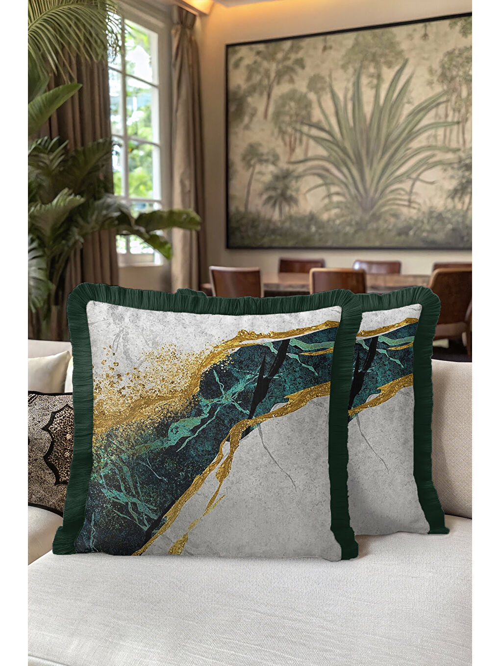 Karışık Lüks Mermer Dokulu Saçaklı Yastık Kılıfı - Zümrüt Modern Altın Renkli Püsküllü Kırlent Kılıfı-5